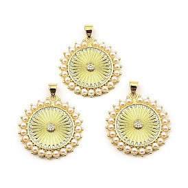 Rack Plating Real 18K Gold Plated Brass Pendants, with Cubic Zirconia and Plastic Imitation Pearl, Long-Lasting Plated, Lead Free & Cadmium Free, Flat Round