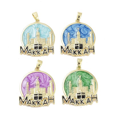 Pendentifs en laiton émaillé de placage de crémaillère, plaqué longue durée, sans plomb et sans cadmium, réel 18 k plaqué or, plat rond avec charme de la Mecque