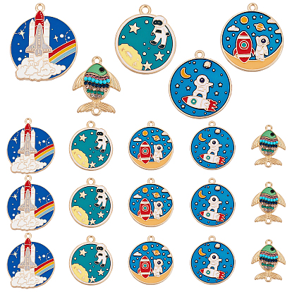 30Pcs 5 Style Alloy Enamel Pendants, Light Gold, with Rhinestone and Acrylic, Flat Round with Fish