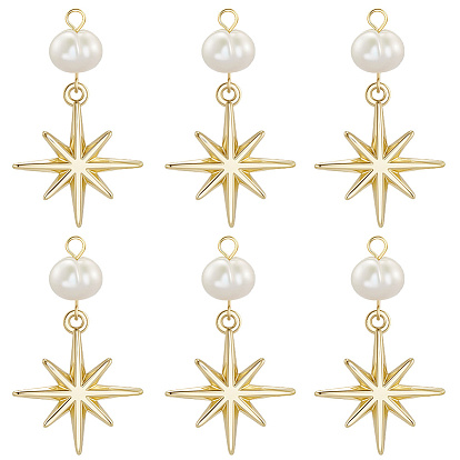6шт. подвески в форме звезд из латуни и натурального жемчуга, стойки покрытие, долговечный, без кадмия и без свинца