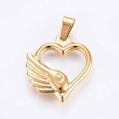 304 Stainless Steel Pendants, Heart with Wing
