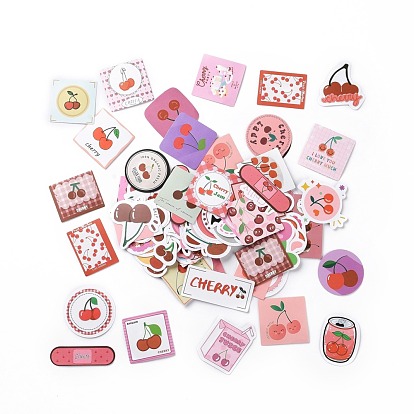 Cartoon Cherry Theme Pattern Paper Stickers Set, Adhesive Label Stickers, for Water Bottles, Laptop, Luggage, Cup, Computer, Mobile Phone, Skateboard, Guitar Stickers, Round & Rectangle & Square
