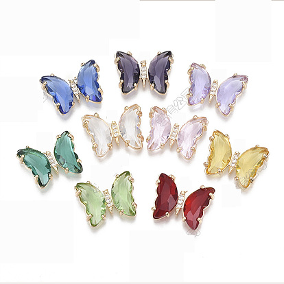 Cabochons en verre, avec micro-pavé de zircone cubique et réglages à dos ouvert en laiton, facette, papillon, or et de lumière