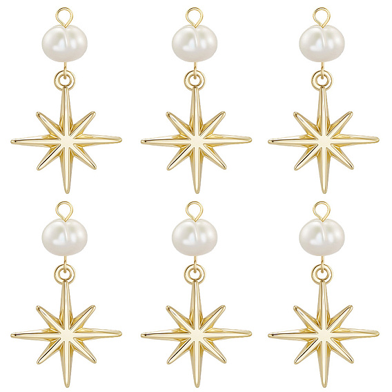 6шт. подвески в форме звезд из латуни и натурального жемчуга, стойки покрытие, долговечный, без кадмия и без свинца