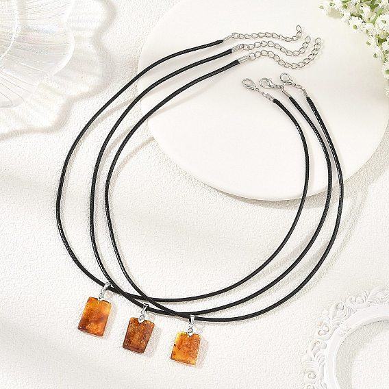 Natural Amber Rectangle Pendant Necklaces with Black Imitation Leather Cord