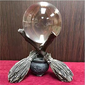 Broom & Cauldron Resin Cystal Ball Holder, for Wiccan or Witchcraft
