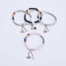 Bracelets de charme de pierre naturelle, avec des perles de tube en alliage de style tibétain et des charmes en éléphant en alliage