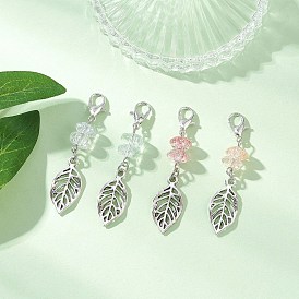4шт хрустальные стеклянные бусины подвесные украшения, с застежками-карабинами из сплава и подвесками в виде листьев