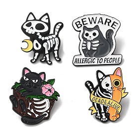 Halloween Cat Skeleton Alloy Brooches, Gothic Kitten Enamel Pins for Clothes Backpack