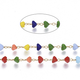 Handmade Faceted Glass Beaded Chains, with Stainless Steel Cable Chains and Spool, Soldered, Triangle, Golden