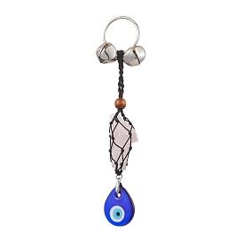 Natural Rose Quartz Pouch Pendant Decorations, Iron Bell and Evil Eye Lampwork Tassel for Door Hanging