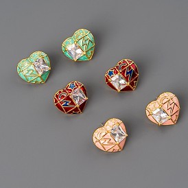 Vintage French Elegant Hand-painted Enamel Heart Earrings - Brass Plated 18k, Inlaid Zirconia, S925 Studs, Women's Ear Jewelry.