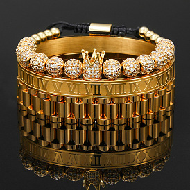 Vintage Zircon Crown Braided Bracelet Roman Letter Stainless Steel Bracelet Set