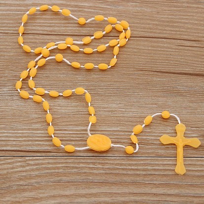 Luminous Plastic Rosary Bead Necklace, Glow in the Dark Cross Pendant Necklace for Women