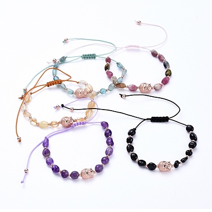 Pulseras de cuentas trenzadas de hilo de nylon ajustable, con cuentas de piedras preciosas naturales y granos de cobre amarillo, cabeza de Buda