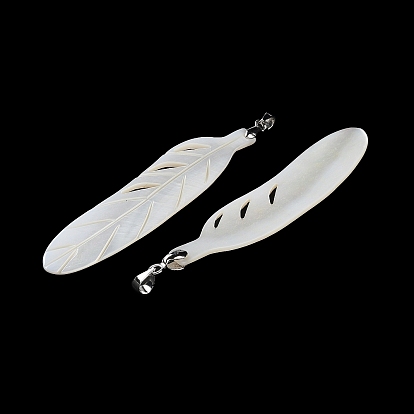 Natural Freshwater Shell Big Pendants, Feather Charms with Platinum Plated Brass Pinch Bails
