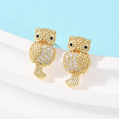 Серьги-гвоздики в форме совы из латуни с микропаве из прозрачных кубических цирконий, стойки покрытие, долговечный, без кадмия и без свинца