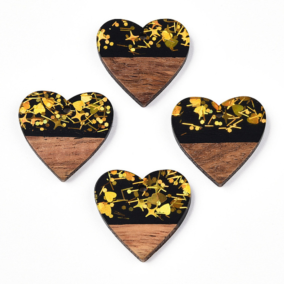 Opaque Resin & Walnut Wood Pendants, Heart Charms with Paillettes