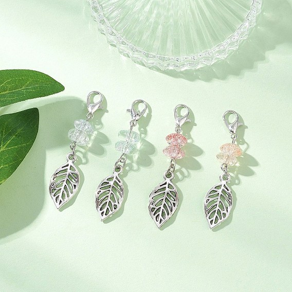 4шт хрустальные стеклянные бусины подвесные украшения, с застежками-карабинами из сплава и подвесками в виде листьев