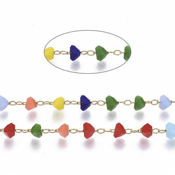 Handmade Faceted Glass Beaded Chains, with Stainless Steel Cable Chains and Spool, Soldered, Triangle, Golden