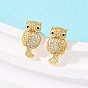 Серьги-гвоздики в форме совы из латуни с микропаве из прозрачных кубических цирконий, стойки покрытие, долговечный, без кадмия и без свинца