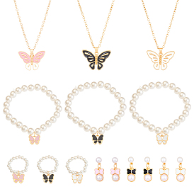 3 комплект из ожерелий, подвесок, серег, колец и браслетов из искусственного жемчуга с цветными бабочками из железа и эмали для женщин