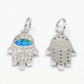 Латунные микро проложить кубического циркония прелести, с синтетическим опалом, рука хамса / рука Фатимы / рука Мириам с конским глазом