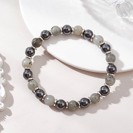 Немагнитные синтетические гематитовые и натуральные лабрадоритовые бусины, эластичные браслеты для женщин и мужчин, круглые