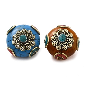 Handmade Tibetan Style Beads, with Synthetic Turquoise & Imitation Beeswax & Brass Findings, Flat Round