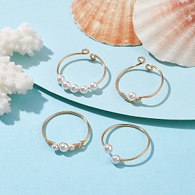 4Pcs 4 Style Brass Wire Wrap Open Cuff Rings Set, Glass Pearl & Small Shell Pearl Beaded Stackable Rings