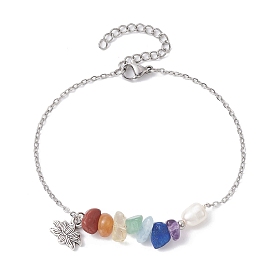 Lotus Alloy Charm Bracelets, Natural Mixed Gemstone Chips & Pearl Beaded Chakra Theme Bracelet