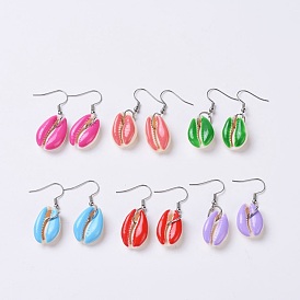 Dangle Earring, with Stainless Steel Findings, Cowrie Shell and Enamel Beads