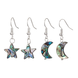 Natural Abalone Shell/Paua Shell Dangle Earring, with Iron Earring Hooks Finding, Star/Moon