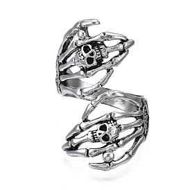 Gothic Punk Skull Hand Alloy Open Cuff Ring for Men Women, Cadmium Free & Lead Free