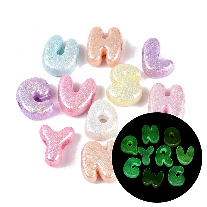 Luminous UV Plating Opaque Acrylic European Beads, Large Hole Beads, Iridescent, Letter, Glow in the Dark, Textured