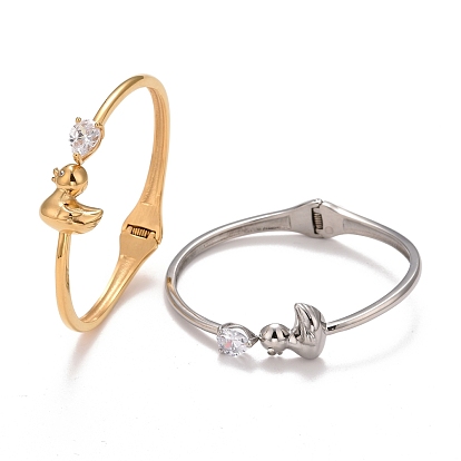 Clear Cubic Zirconia Duck Cuff Bangle, 304 Stainless Steel Hinged Open Bangle for Women, Ion Plating(IP)