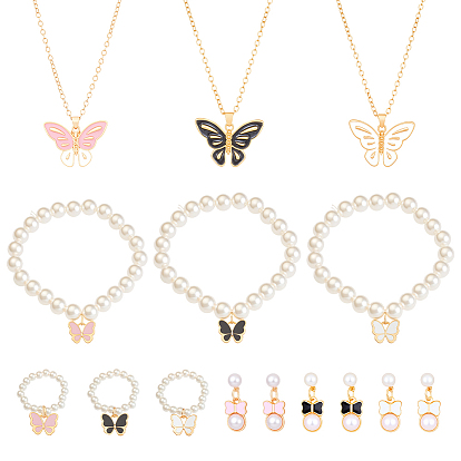 3 комплект из ожерелий, подвесок, серег, колец и браслетов из искусственного жемчуга с цветными бабочками из железа и эмали для женщин