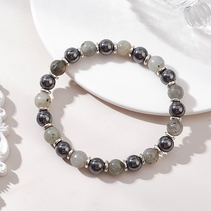 Немагнитные синтетические гематитовые и натуральные лабрадоритовые бусины, эластичные браслеты для женщин и мужчин, круглые