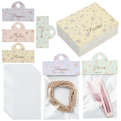 60 sacs de cellophane d'opp, avec 60pcs 4 styles en-tête de carte en papier imprimé de fleurs pliées, rectangle