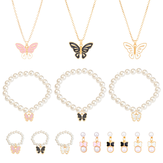 3 комплект из ожерелий, подвесок, серег, колец и браслетов из искусственного жемчуга с цветными бабочками из железа и эмали для женщин