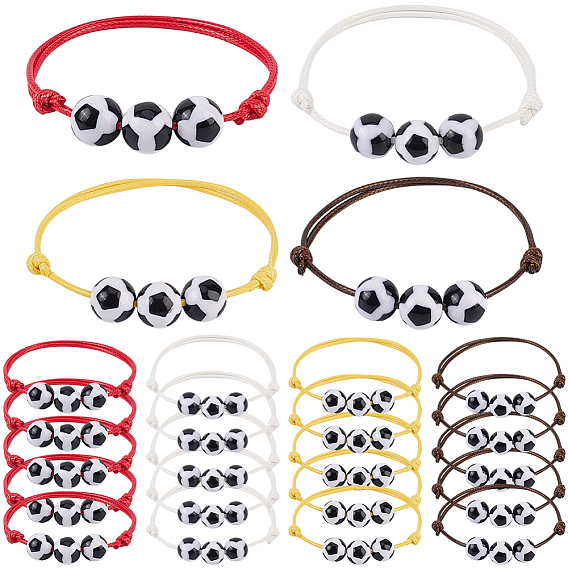 24шт 4 цвета регулируемые вощеные нейлоновые нити плетеные бусины браслеты, с футбольными акриловыми бусинами