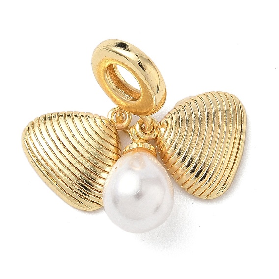 Латунные европейские подвески с подвесками, подвески с большими отверстиями в форме двойной ракушки, с каплевидными бусинами из искусственного жемчуга из АБС-пластика, белые