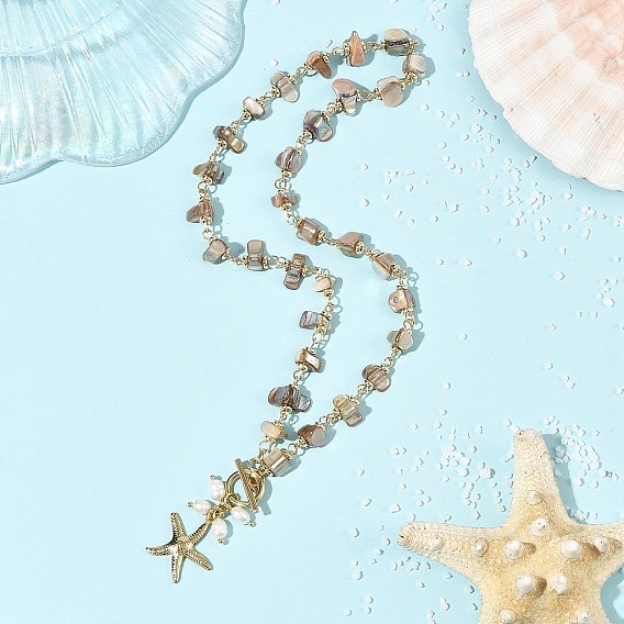 Ocean 304 Stainless Steel Starfish Pendant Natural Freshwater Shell Beaded Chain Necklaces with OT Clasps for Women, Seashell Color
