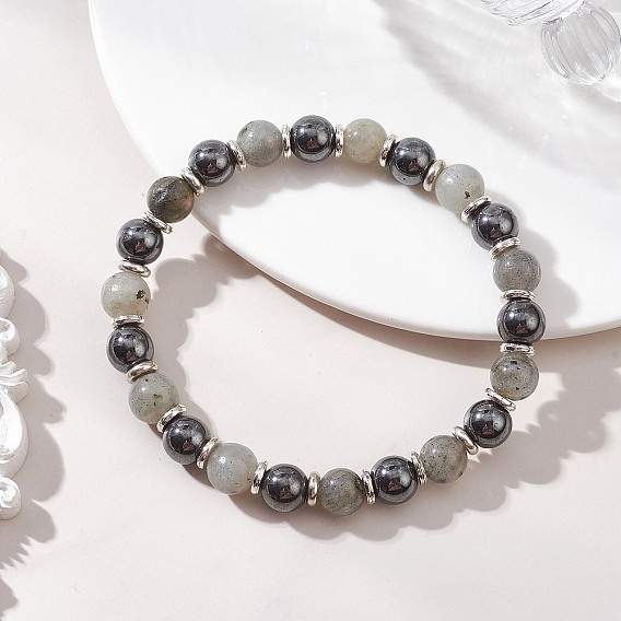 Немагнитные синтетические гематитовые и натуральные лабрадоритовые бусины, эластичные браслеты для женщин и мужчин, круглые