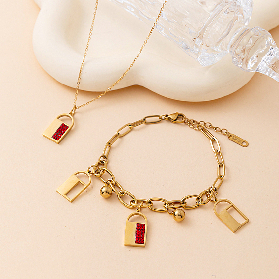 201 комплект из браслета и ожерелья с подвесками в виде замка из нержавеющей стали со стразами, винтажная роскошь