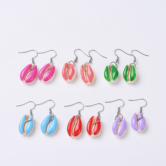 Dangle Earring, with Stainless Steel Findings, Cowrie Shell and Enamel Beads
