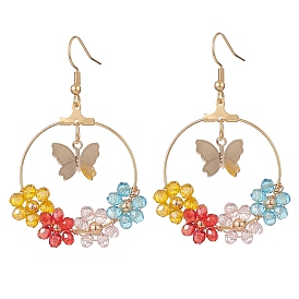 Glass Beaded Flower & Brass Butterfly Dangle Earrings, Golden 304 Stainless Steel Wire Wrap Jewelry for Women