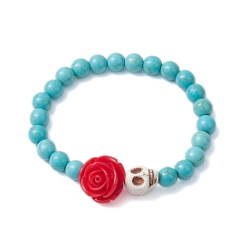 Halloween Skull & Round Synthetic Turquoise Beaded Stretch Bracelets, Resin Flower Bracelets for Women