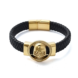 Men's Braided Black PU Leather Cord Bracelets, Skull 304 Stainless Steel Link Bracelets with Magnetic Clasps