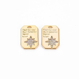 Brass Micro Pave Clear Cubic Zirconia Charms, Nickel Free, Rectangle with Word Find the Star That Twinkles in Your Heart
